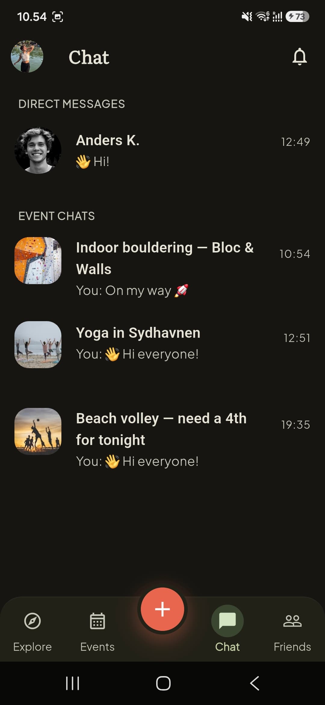 Playtribe chat list with event group chats and direct messages