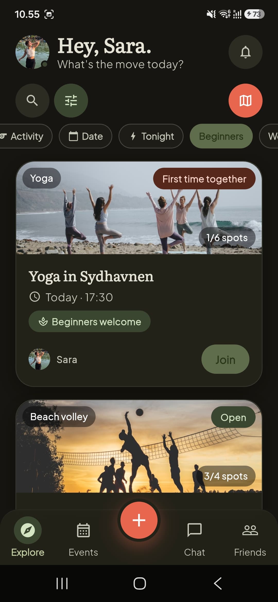 Playtribe app showing nearby sports on a map and a list of local events