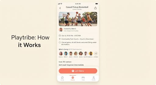 Playtribe game page with player list and join button